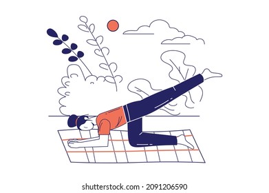 Yoga Training Konzept in flacher Linie Design für Web-Banner. Frauen, die Asanas praktizieren, draußen trainieren. Gesunder Lebensstil, Wellness Moderne Menschen Szene. Vektorgrafik im Skizzenbildstil
