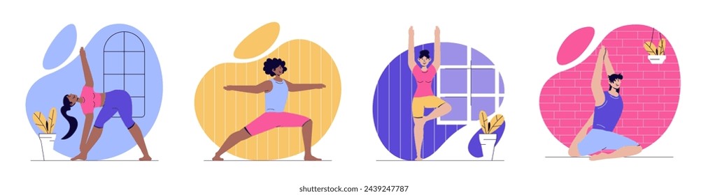 Yoga training concept with people scenes set in flat web design. Bundle of character situations with men and women practicing asanas, doing pilates and gymnastic exercises. Vector illustrations.