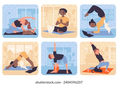 Yoga training concept with people situation set in flat web design. Bundle scenes with multiethnic diverse characters doing asanas or stretch exersices, sit in meditation pose. Vector illustrations.