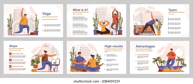 Yoga training concept for presentation slide template. People perform yoga asanas, relaxing and meditation, wellness and healthy lifestyle. Vector illustration with flat persons for layout design