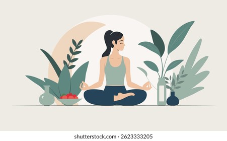 Entrenamiento de yoga. Escena de bienestar plana centrada en la tranquilidad y el equilibrio. Ilustración de actividades deportivas. 