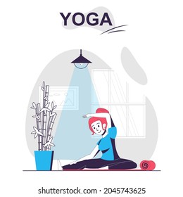 Yoga training isolated cartoon concept. Woman doing exercises and practicing asanas at gym, people scene in flat design. Vector illustration for blogging, website, mobile app, promotional materials.