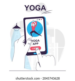 Yoga training isolated cartoon concept. Sports exercises with yoga asanas in mobile app, people scene in flat design. Vector illustration for blogging, website, mobile app, promotional materials.