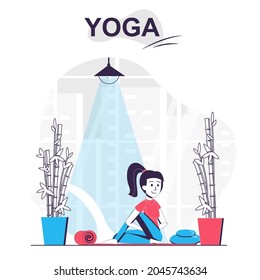 Yoga training isolated cartoon concept. Woman practicing asana, doing stretching exercises, people scene in flat design. Vector illustration for blogging, website, mobile app, promotional materials.