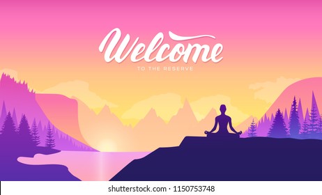 yoga training in nature illustration concept. Healthy lifestyle background. Silhouette young woman yoga at mountain lake at sunset design. Morning sport activity relax 