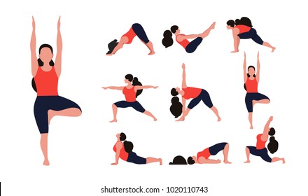 Yoga Training Poses Set With Woman.  Flat Material Style Vector Illustration