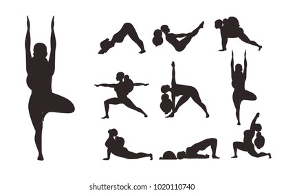 Yoga Training Poses Silhouette Set With Woman. Flat Material Style Vector Illustration