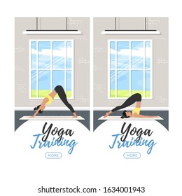 Yoga training vertical flyers in flat style. Young attractive girl in sportswear practicing yoga indoor. Healthy lifestyle, calmness and meditation vector illustration. Harmonize yourself at studio