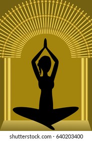 Yoga training, woman silhouette in golden gate, spiritual symbol, asana