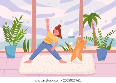 Yoga trainings at home room or gym studio background. Little girl practicing yoga asanas with cute pet cat. Interior with plants and huge window sea view. Vector illustration in flat cartoon design