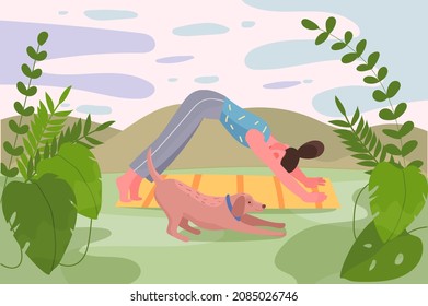 Yoga trainings outdoors activity at nature background. Woman practicing yoga asanas with cute pet dog. Scenery with abstract sky, green hills and leaves. Vector illustration in flat cartoon design