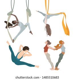 Yoga Trapeze workout girl set in flat style. Flat cartoon set. Isolated flat cartoon character illustration. Workout, training vector illustration. Wellness concept. 