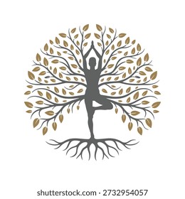 Yoga tree logo with human figure in balance pose and leafy branches