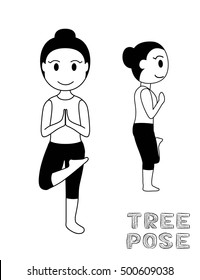 Yoga Tree Pose Cartoon Vector Illustration Monochrome