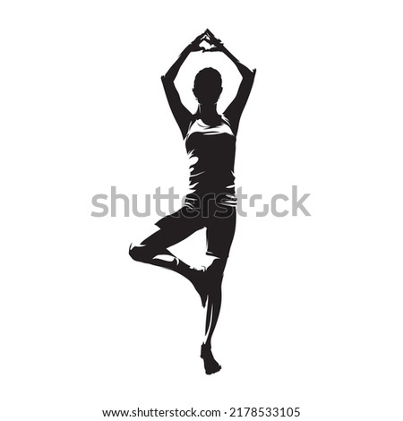 Yoga tree pose, female fitness instructor, abstract isolated vector silhouette. Front view. Ink drawing