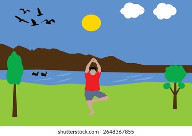 yoga tree pose with mother  nature in morning 
