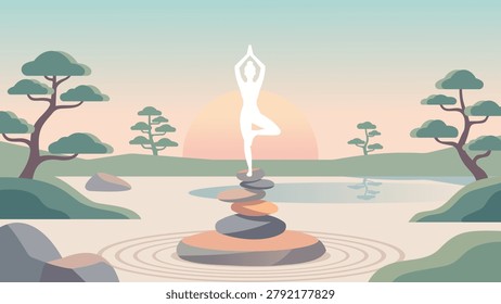 Yoga tree pose on balancing stones in a peaceful Japanese Zen garden. Minimal flat vector illustration of meditation, mindfulness, and inner peace background.