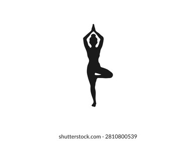 Yoga tree pose silhouette icon, Vrikshasana posture silhouette isolated on white background