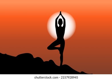 Yoga Tree Pose. Silhouette Of Woman Practicing Yoga On The Sunset. Vector Illustration