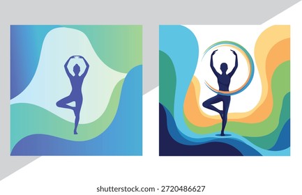 Siluetas de la pose del árbol del yoga con los fondos fluidos Abstractas y los modelos del zen
