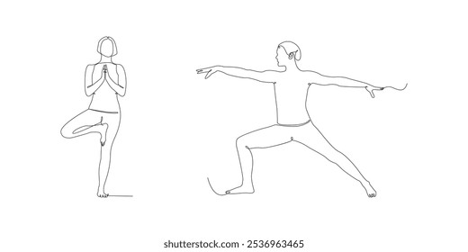 yoga tree pose and warrior pose examples. advanced line art. physical and mental health movements