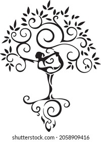 Yoga tree woman tribal tattoo design. Simple vector illustration.