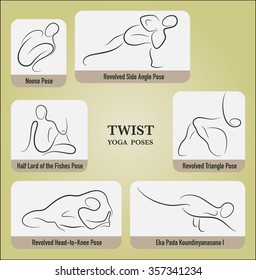 Yoga twist poses set in gesture drawing line with posture name.