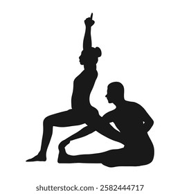 Yoga for two. A collection of yoga poses. The silhouette of a couple. The energy of love