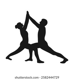 Yoga for two. A collection of yoga poses. The silhouette of a couple. Warrior Pose