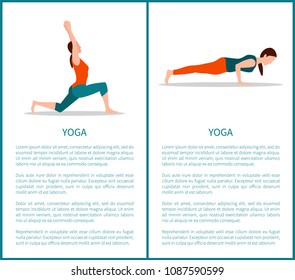 Yoga two colorful banners, sporty woman icons, vector illustration, text sample, chaturanga and crescent moon poses, healthy lifestyle posters