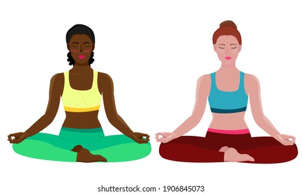 Yoga. two girls are doing yoga. Girls sit in the lotus position. yoga postures. stock vector illustration isolated on white background. 