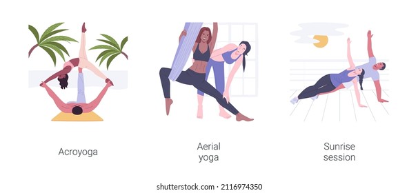 Yoga types isolated cartoon vector illustrations set. Practice acroyoga on the beach, aerial yoga training, sunrise morning session, flexibility and concentration, healthy lifestyle vector cartoon.