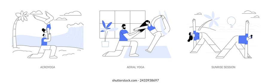 Yoga types isolated cartoon vector illustrations set. Practice acroyoga on the beach, aerial yoga training, sunrise morning session, flexibility and concentration, healthy lifestyle vector cartoon.