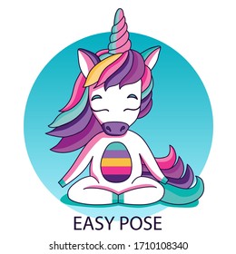 Yoga Unicorn pose. Vector illustration of unicorn sitting in easy pose and relaxing.