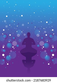Yoga in the universe. Banner for meditation. Man in the lotus position. Symbol of secret knowledge, harmony of soul and body, wisdom, religion.Surreal graphics.
