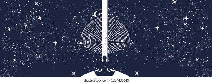 Yoga in universe. Meditation banner. Human in a lotus pose. Symbol of secret knowledge, harmony of soul and body, wisdom, religion. Black and white surreal graphic.