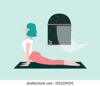 Yoga with upward dog pose Young woman healthy lifestyle, Female vector character on yoga mat with open window plant. Well being mindfulness. Vector illustration in flat cartoon style