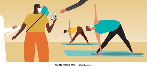 Yoga for the vaccinated, QR code and vaccination. Flat vector stock illustration. Yoga classes in a yoga studio.  Service of the vaccinated. The doctor vaccinates. QR code. Vector illustration