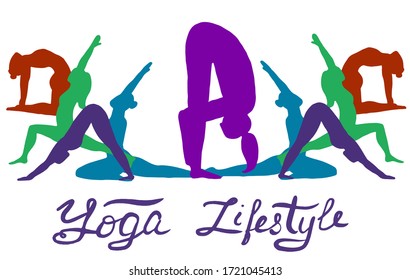 Yoga. Pancarta vectorial de siluetas multicolores de poses de yoga. Silueta de yoga