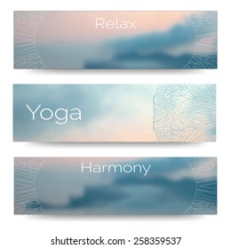 Yoga vector banner. Professional banner templates or banner design for yoga studio, for yoga website, yoga magazine, publishing, print or presentation. Banner design with blurred photo with your text.
