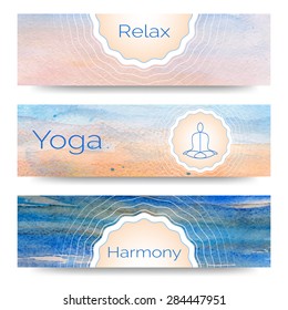 Yoga vector banner. Professional banner templates or banner design for yoga studio,  yoga website, yoga magazine, publishing, print or presentation. Banner design with watercolor texture and your text
