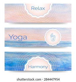Yoga vector banner. Professional banner templates or banner design for yoga studio,  yoga website, yoga magazine, publishing, print or presentation. Banner design with watercolor texture and your text