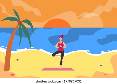 Yoga vector concept: woman doing one leg yoga pose on the beach at morning/evening time