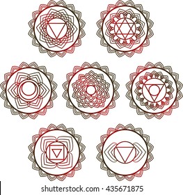 Yoga vector design. 7 chakra mandalas. Sahasrara, anahata, Muladhara, Svadhisthana, Manipur, Vishudha, Ajna.