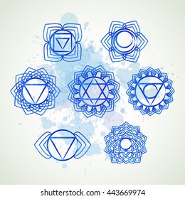 Yoga vector design. 7 chakra mandalas. Sahasrara, anahata, Muladhara, Svadhisthana, Manipur, Vishudha, Ajna.