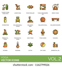 Yoga vector icon set. Acroyoga, foam roller, beginners kit, hydration, balance ball chair, disk, board, prenatal, postnatal, kids, guru, chakra, stones, incense, lotus, yin yang, essential oil.