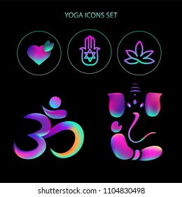 yoga vector icon set with ganesha, om, lotus, heart, mudrah. Gradient abstract graphic elements