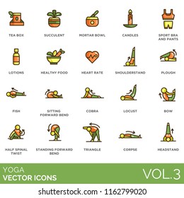 Yoga vector icon set. Tea box, succulent, mortar bowl, candles, sport bra, pants, lotions, healthy food, heart rate, shoulderstand, plough, sitting forward bend, locust, half spinal twist, headstand.