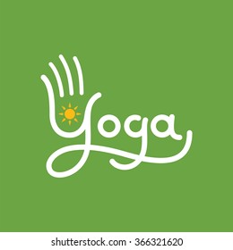 Yoga vector icon with stylized hand and sun.