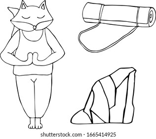 Ilustración vectorial del yoga. zorro, alfombra, lámpara de sal para la meditación.
